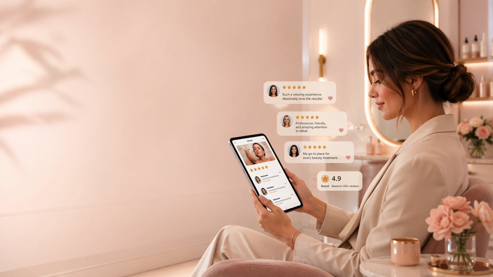 Beauty client checking salon reviews and ratings before booking a local beauty service in Orange County