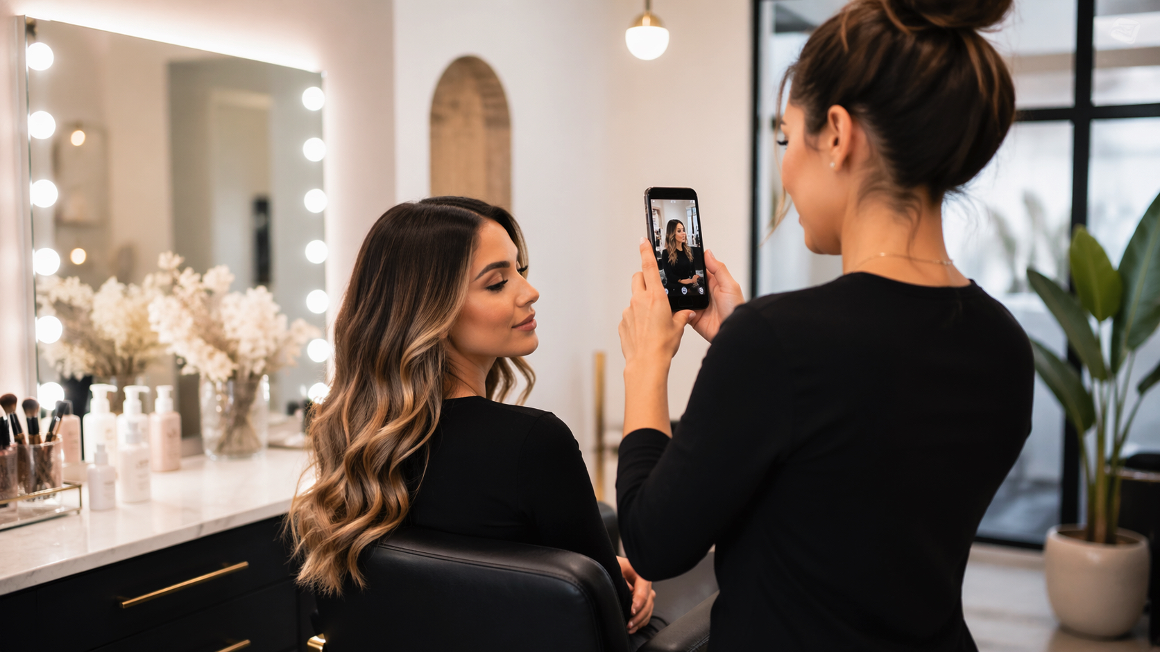 Beauty professional taking high-quality portfolio photos in a modern salon to build client trust