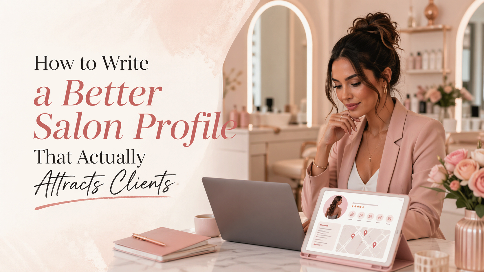 Beauty salon owner updating a professional salon profile to attract local clients in Orange County