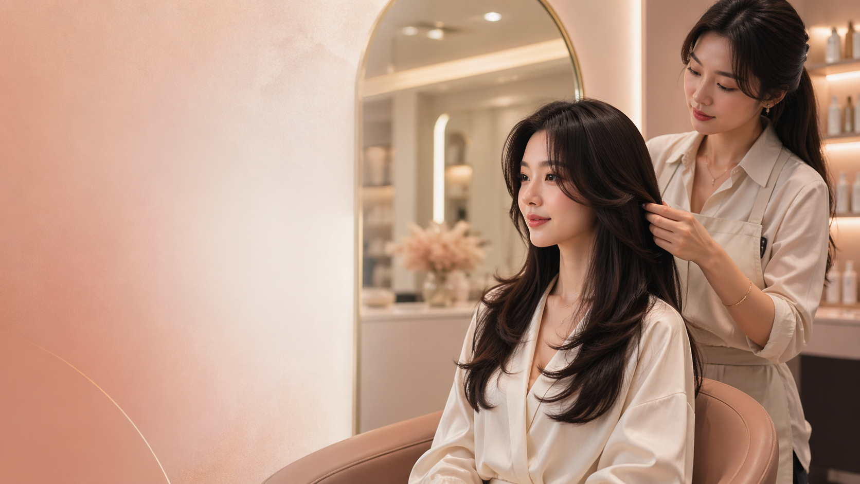 Client getting a Korean layered cut consultation at a modern hair salon in Orange County